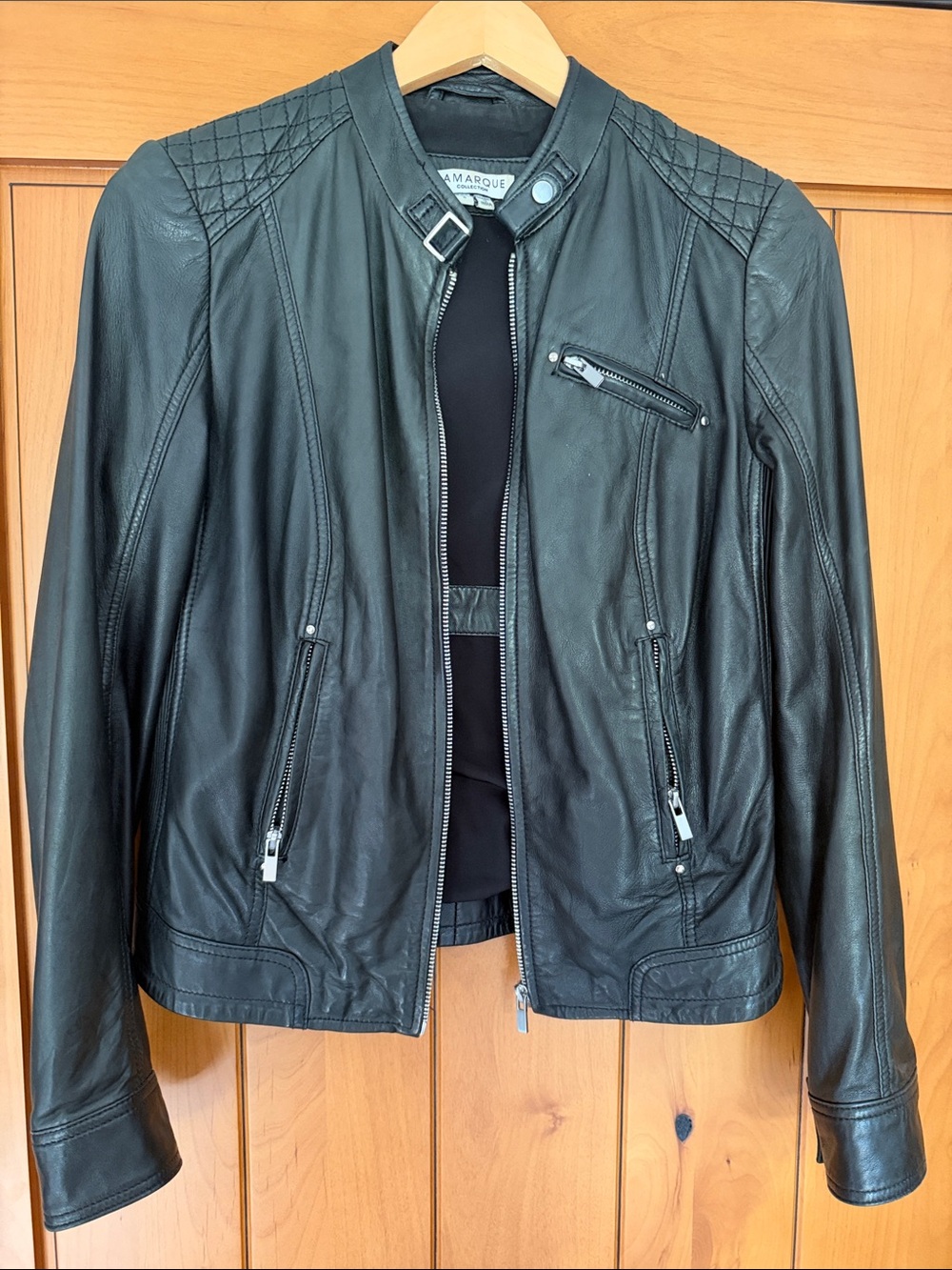 Lamarque Black Quilted Shoulder Leather Moto Jacket